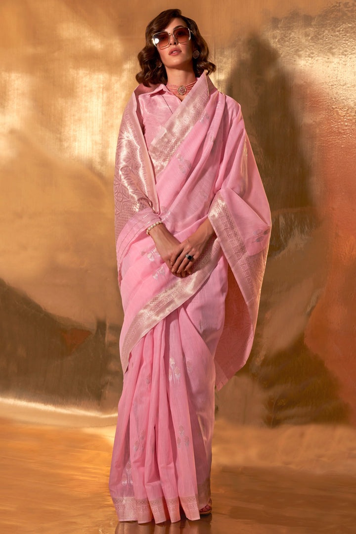 Graceful Weaving Work Pink Color Linen Cotton Saree