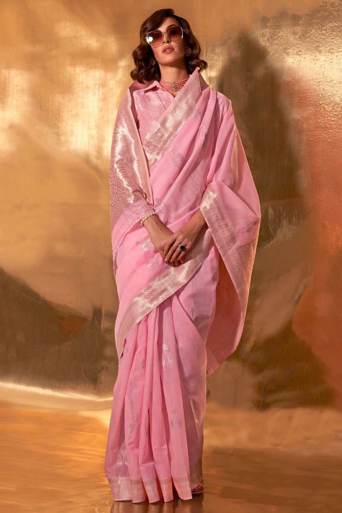 Graceful Weaving Work Pink Color Linen Cotton Saree