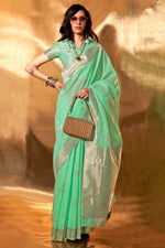 Load image into Gallery viewer, Enticing Weaving Work Sea Green Color Linen Cotton Saree
