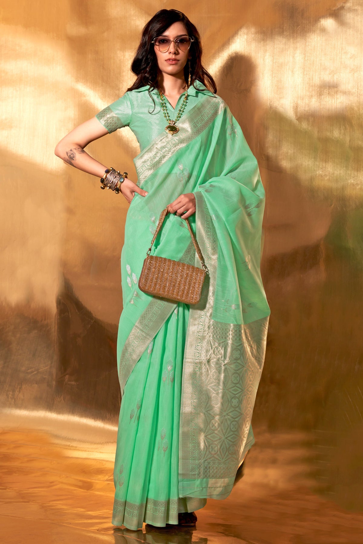 Enticing Weaving Work Sea Green Color Linen Cotton Saree