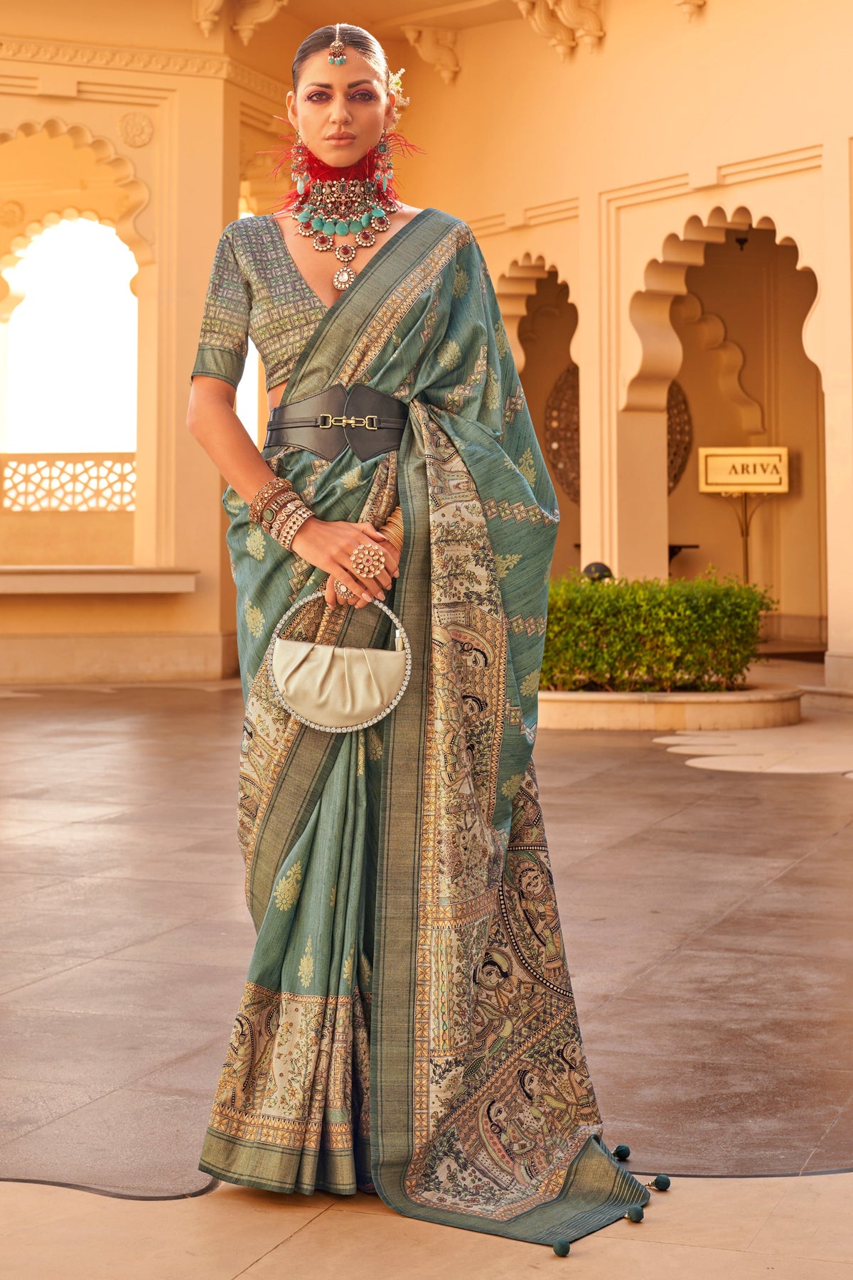 Art Silk Fabric Function Wear Mesmeric Saree In Sea Green Color