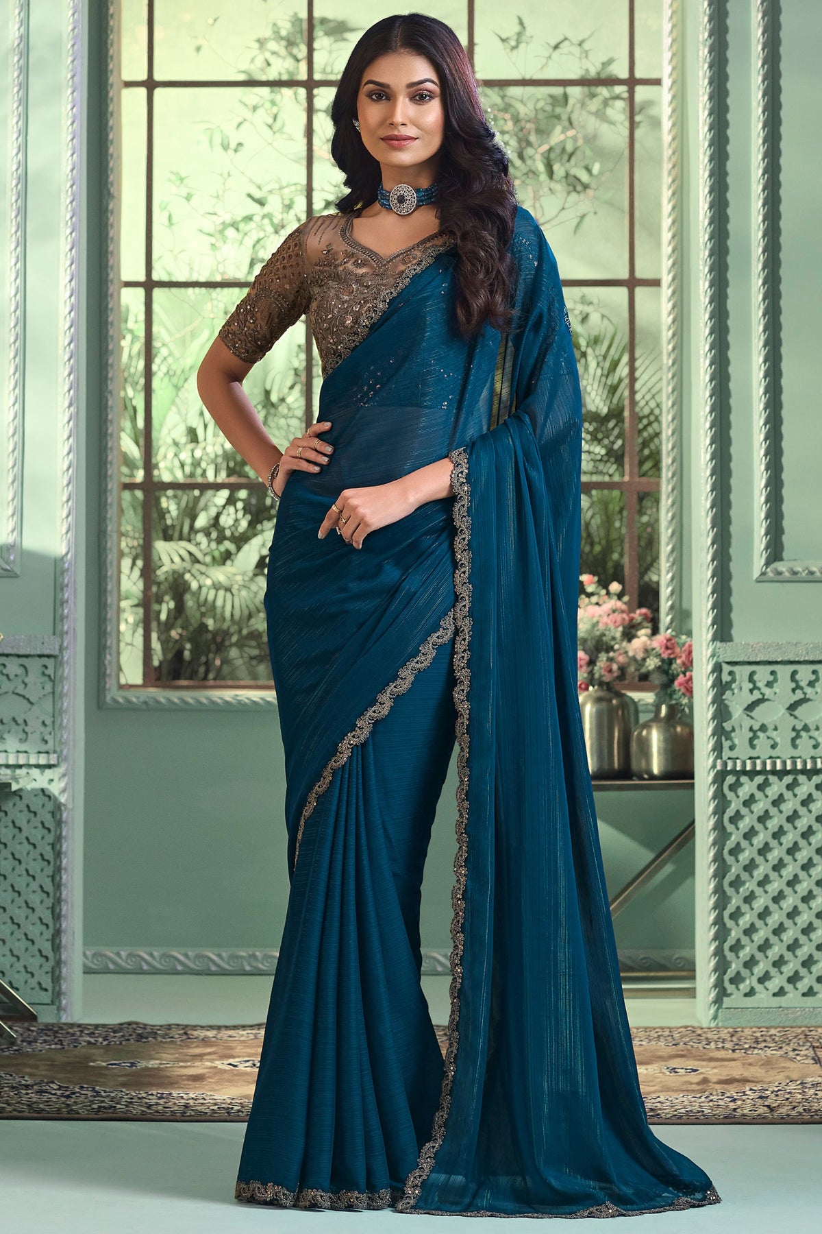 Entrancing Georgette Fabric Saree In Teal Color With Border Work