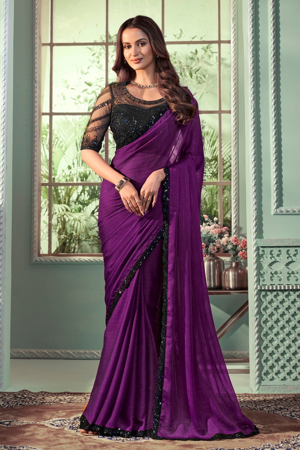 Georgette Fabric Purple Color Saree With Winsome Border Work