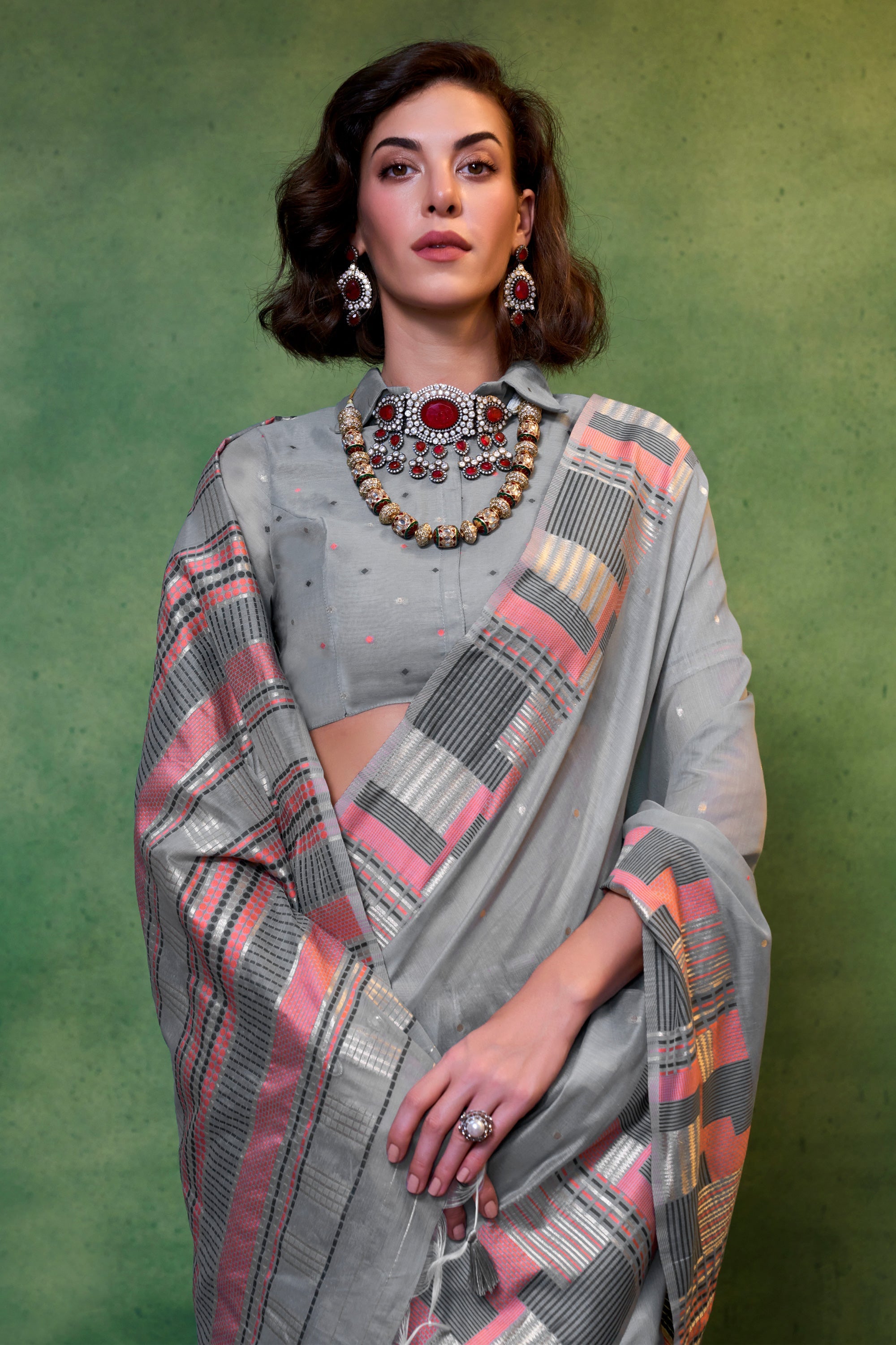 Alluring Grey Color Handloom Weaving Fancy Cotton Saree