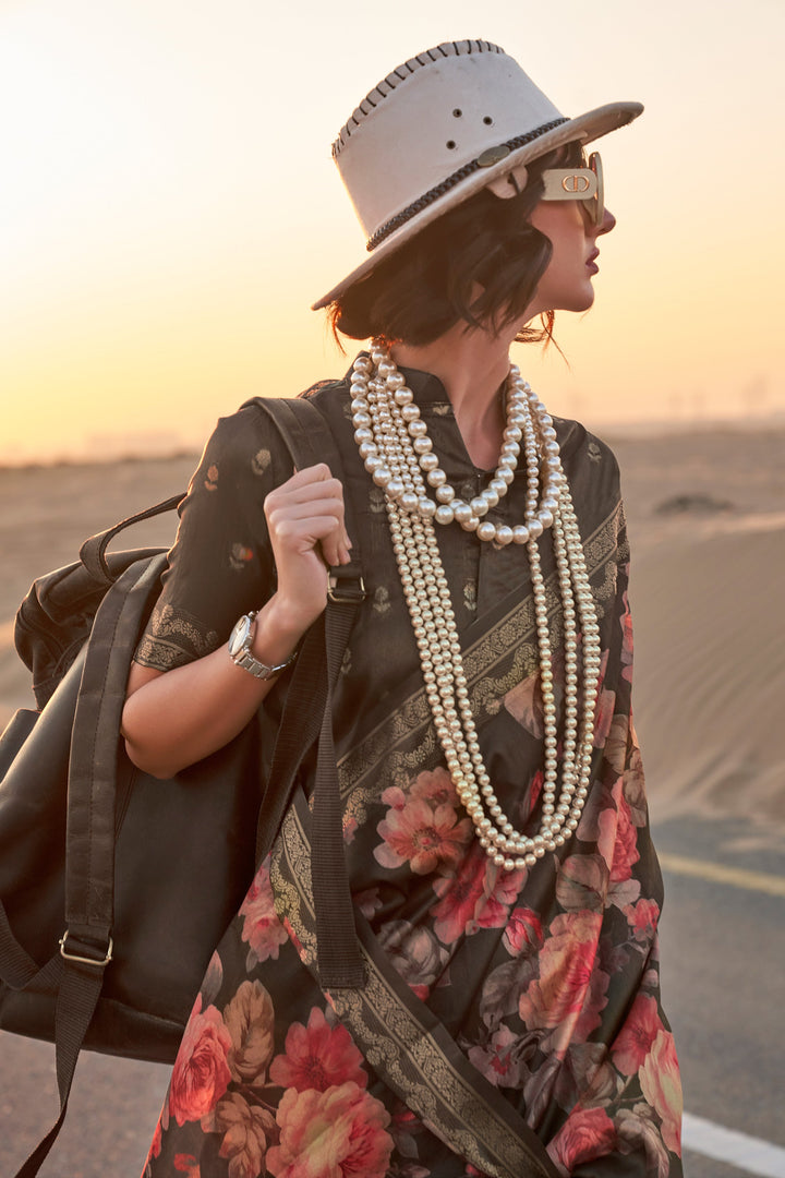 Phenomenal Floral Printed Brown Color Art Silk Saree