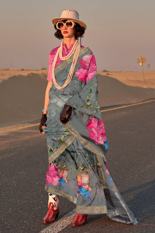 Fashionable Grey Color Floral Printed Art Silk Saree