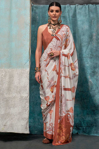 Delicate Off White Color Printed Crepe Fabric Saree