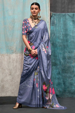 Attractive Printed Crepe Fabric Saree In Dark Grey Color