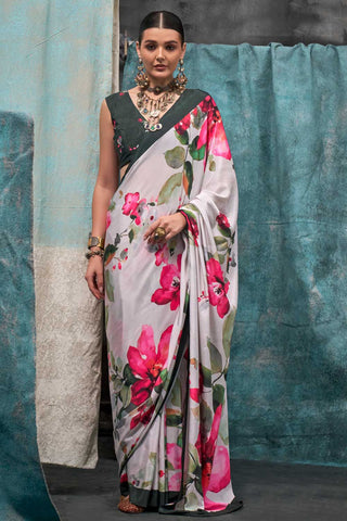 Alluring Off White Color Printed Crepe Fabric Saree