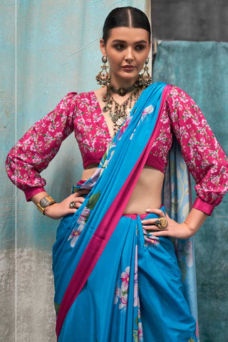 Imposing Printed Crepe Fabric Saree In Cyan Color