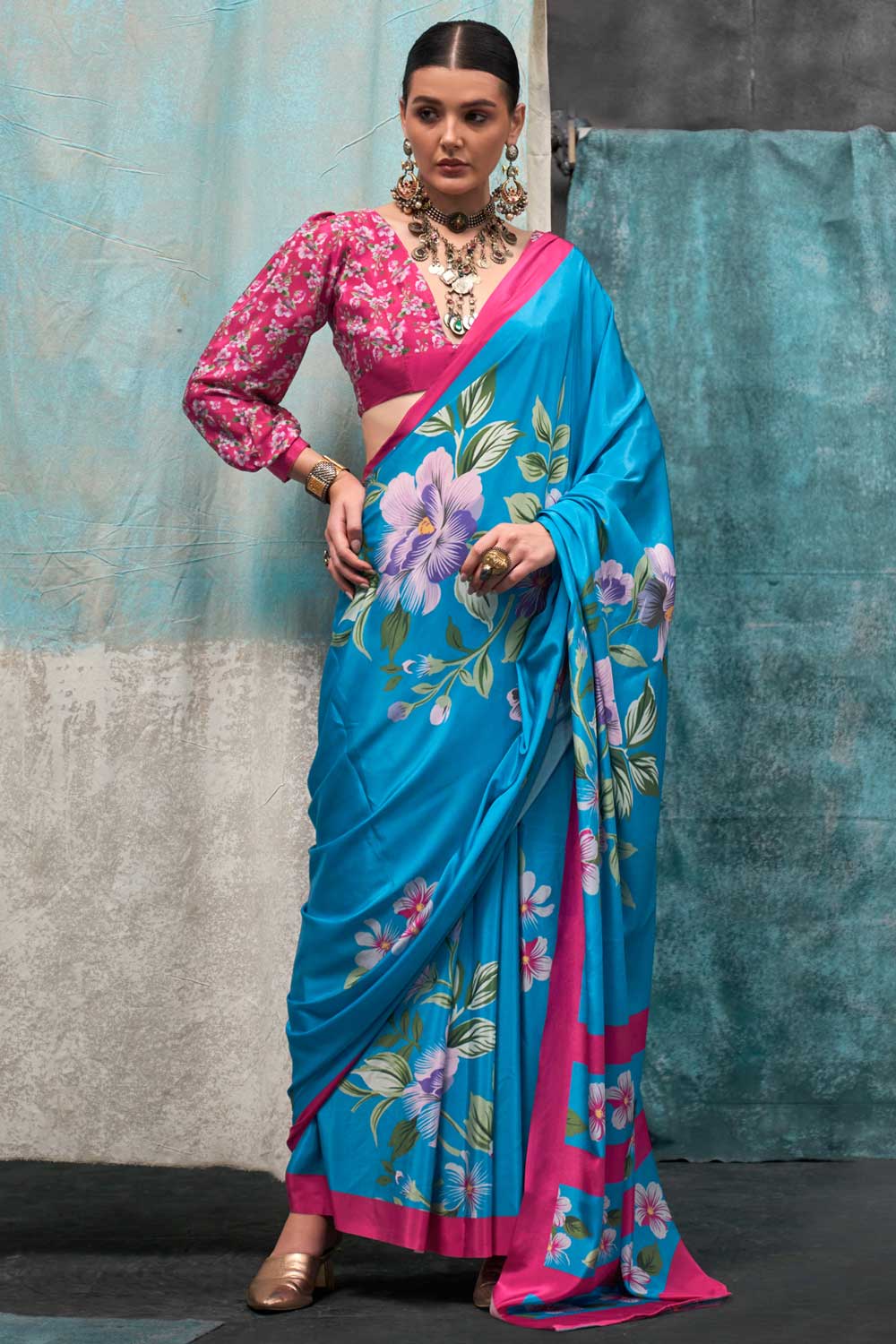 Imposing Printed Crepe Fabric Saree In Cyan Color