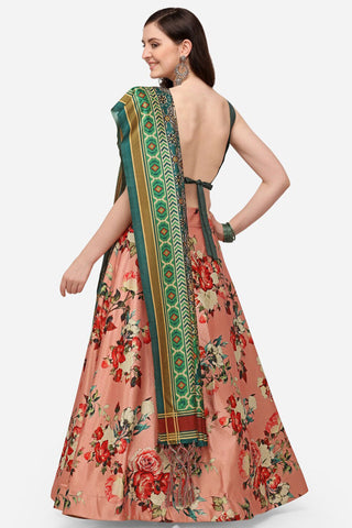 Awesome Printed Work On Satin Silk Fabric Peach Color Lehenga