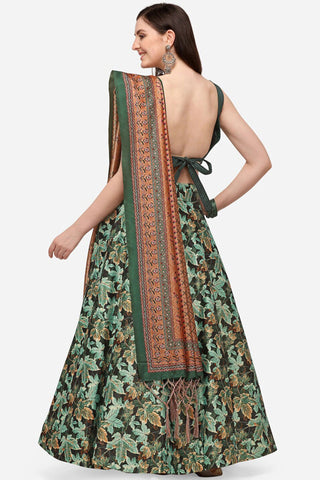 Tempting Satin Silk Fabric Green Color Lehenga With Printed Work