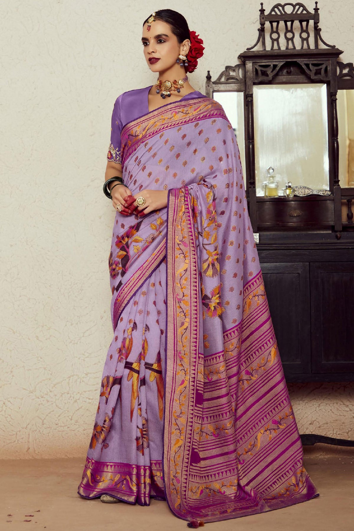 Delicate Lavender Color Weaving Work Brasso Fabric Saree