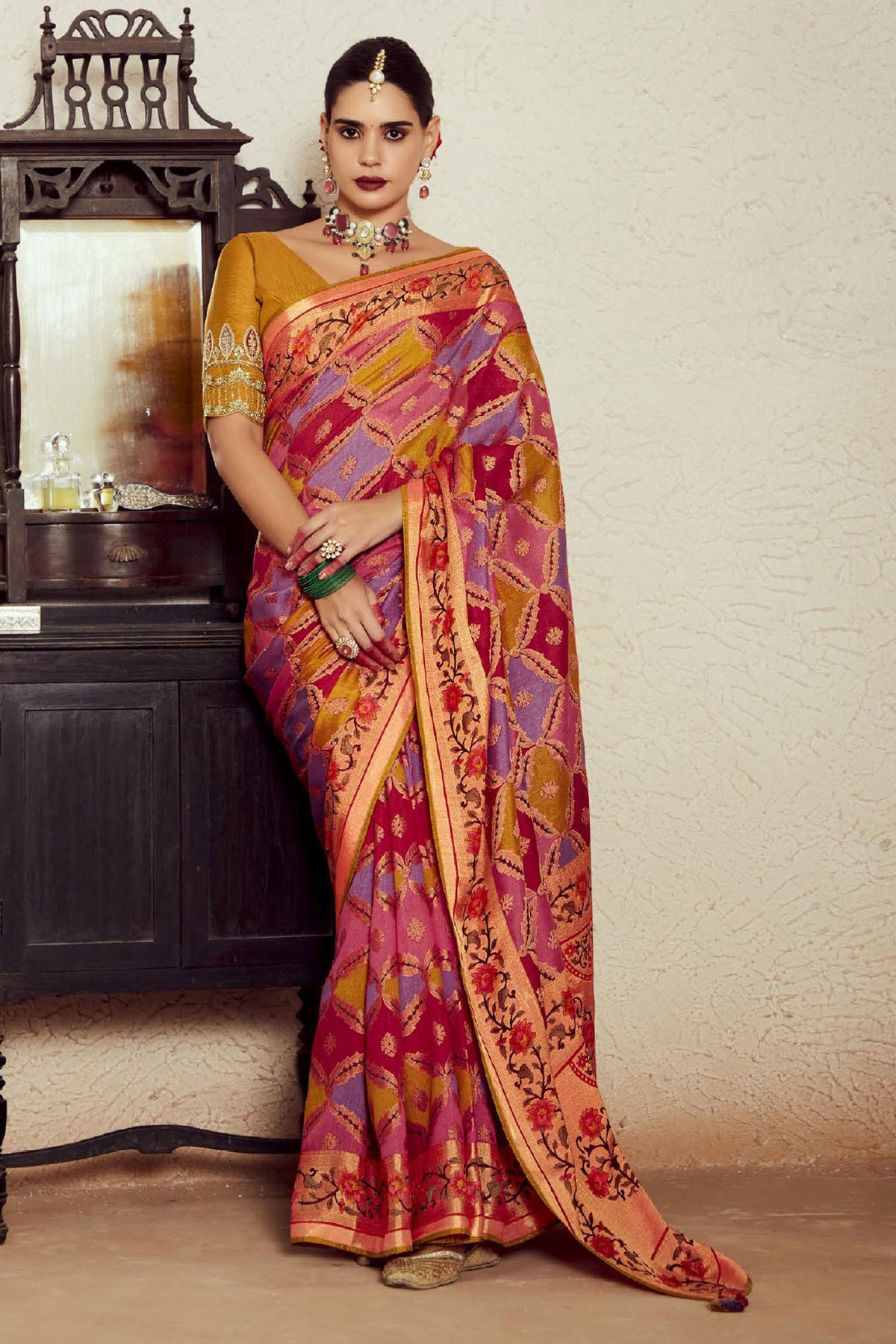 Blazing Multi Color Weaving Work Brasso Fabric Saree