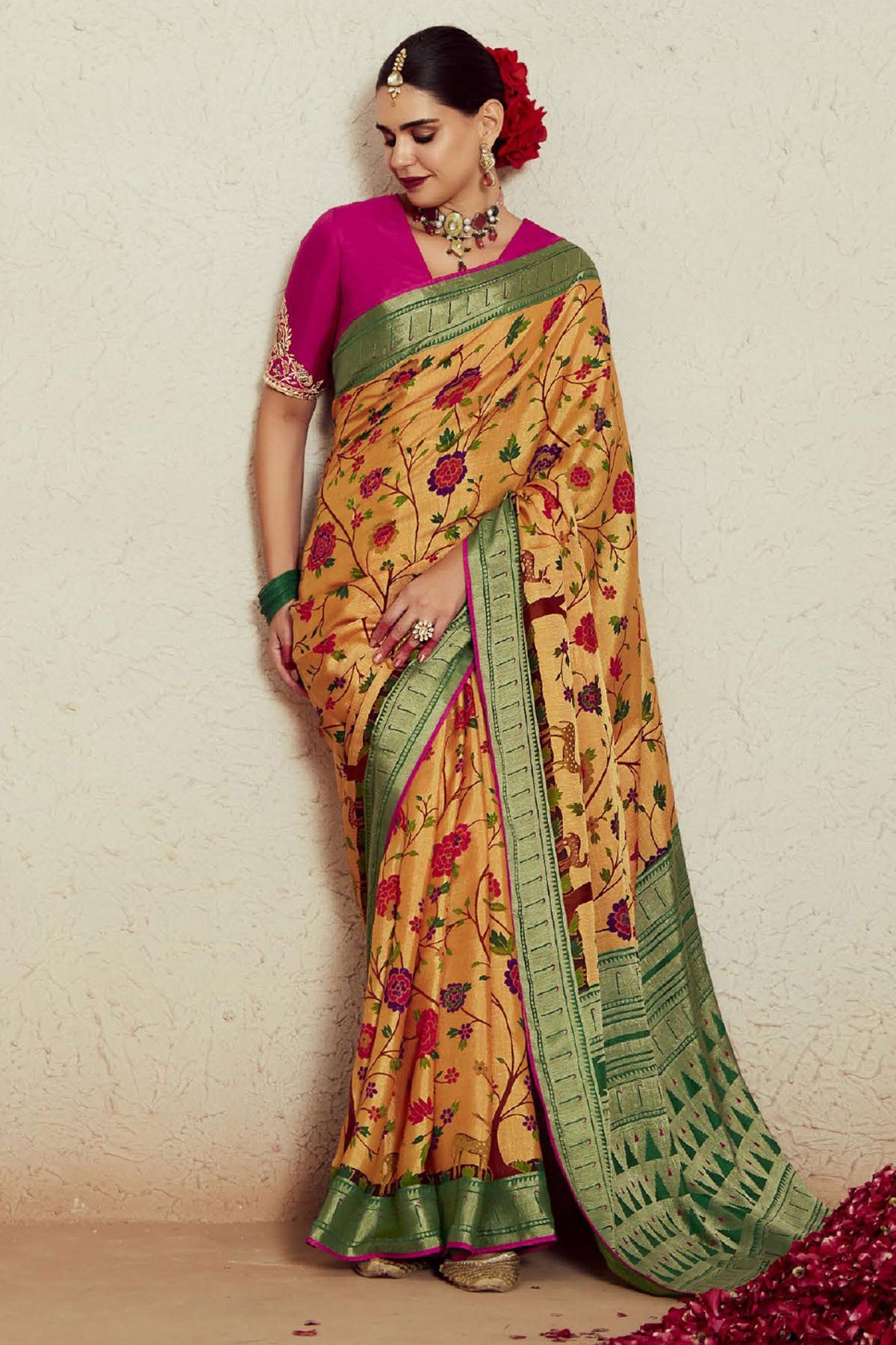 Cream Color Exquisite Weaving Work Brasso Fabric Saree