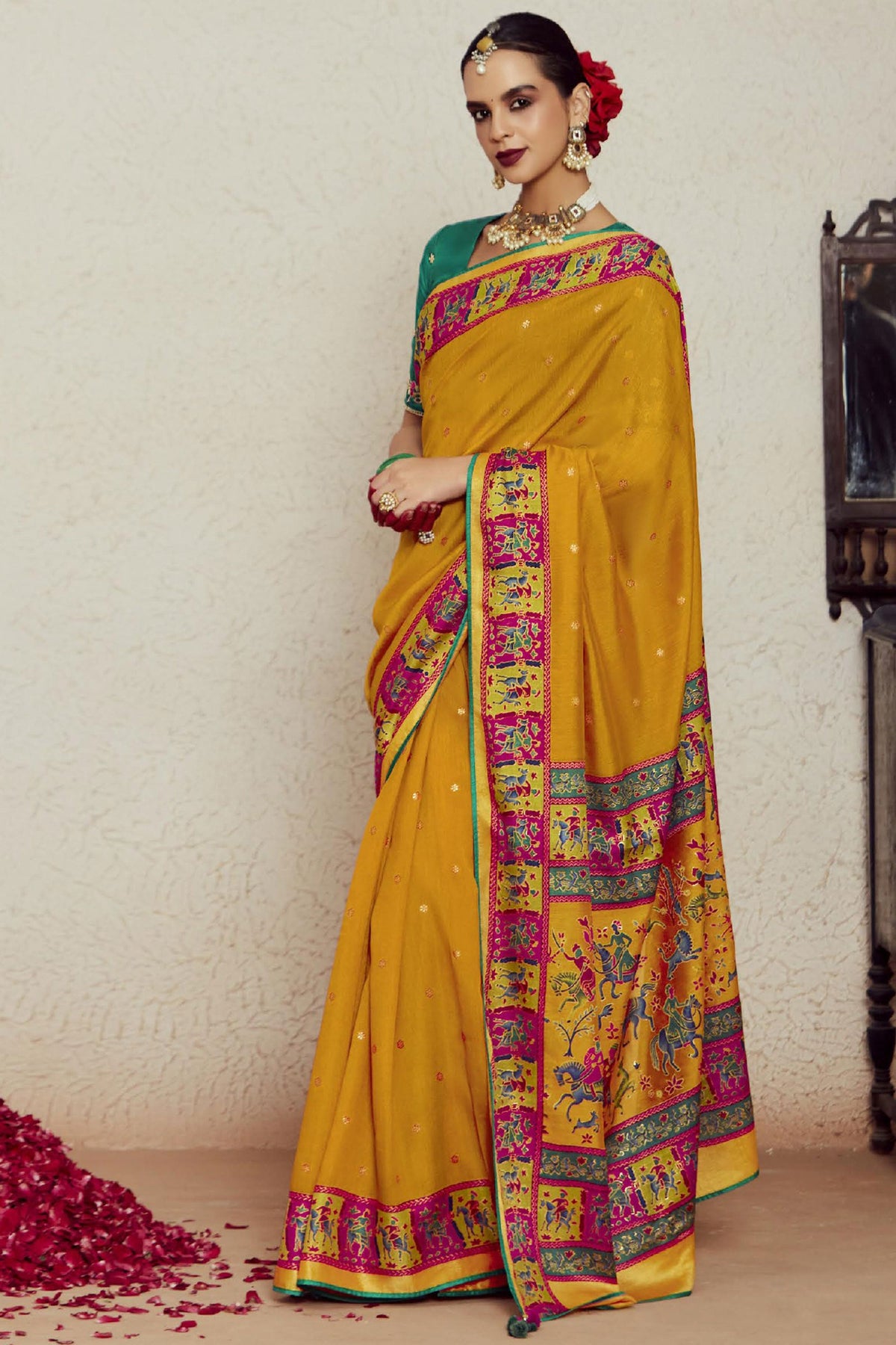 Alluring Mustard Color Weaving Work Brasso Fabric Saree