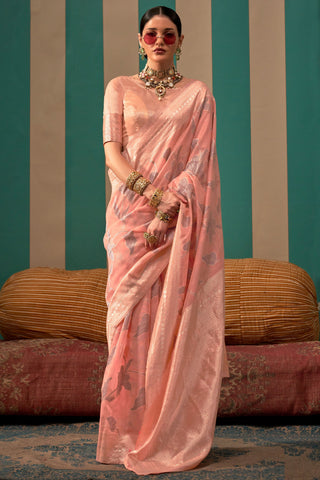 Weaving Work On Peach Color Aristocratic Art Silk Fabric Function Wear Saree