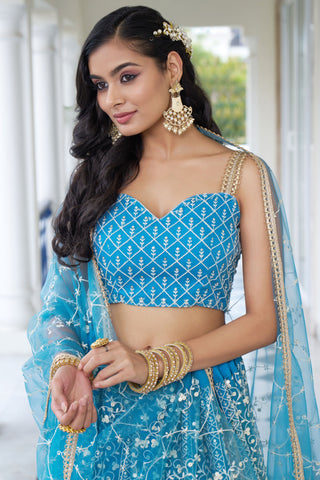 Cyan Color Net Fabric Sequins Embroidered Lehenga For Sangeet