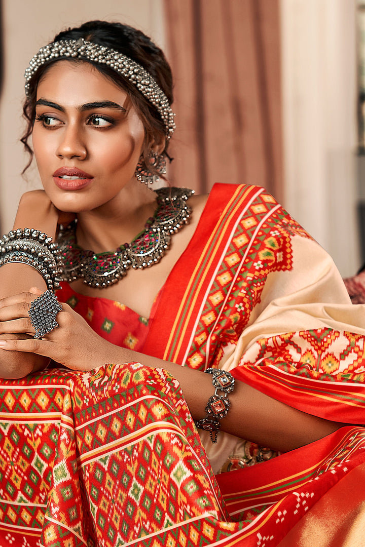 Imposing Pure Tusser Patola Printed Saree In Beige Color