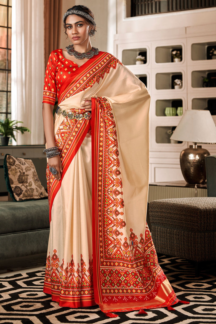 Imposing Pure Tusser Patola Printed Saree In Beige Color