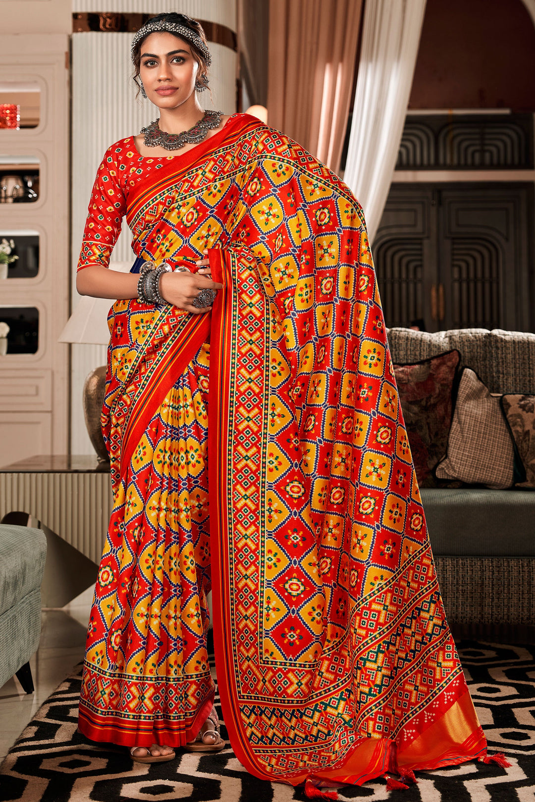 Soothing Pure Tusser Patola Printed Saree In Multi Color
