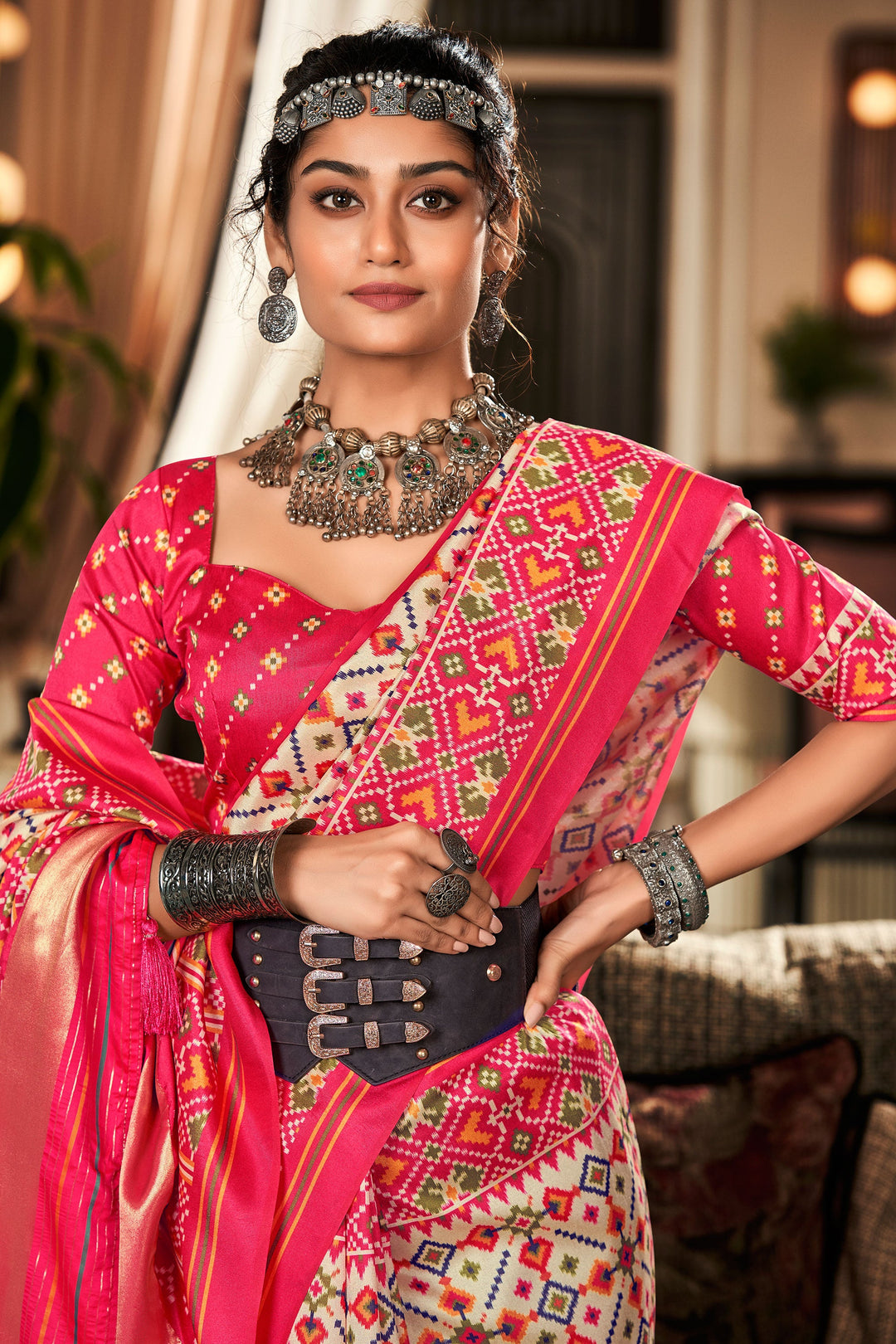 Cream Color Exquisite Pure Tusser Patola Printed Saree