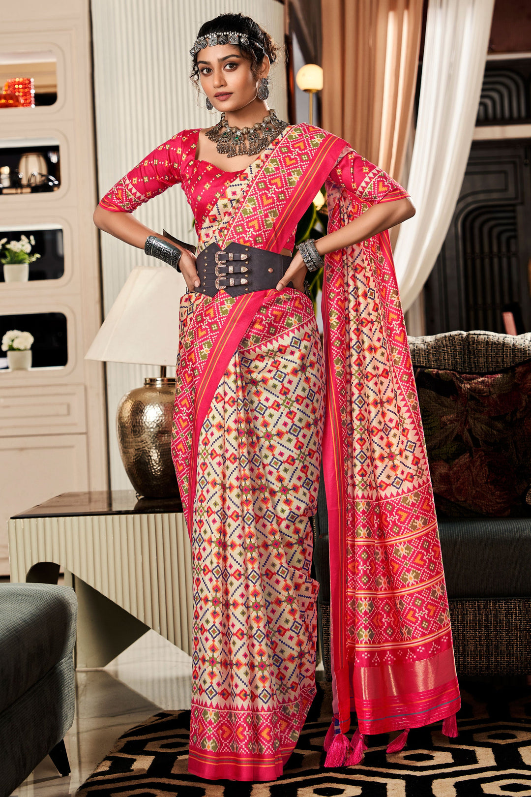 Cream Color Exquisite Pure Tusser Patola Printed Saree