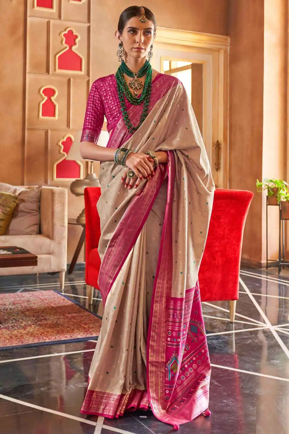 Art Silk Fabric Beige Color Riveting Patola Printed Saree