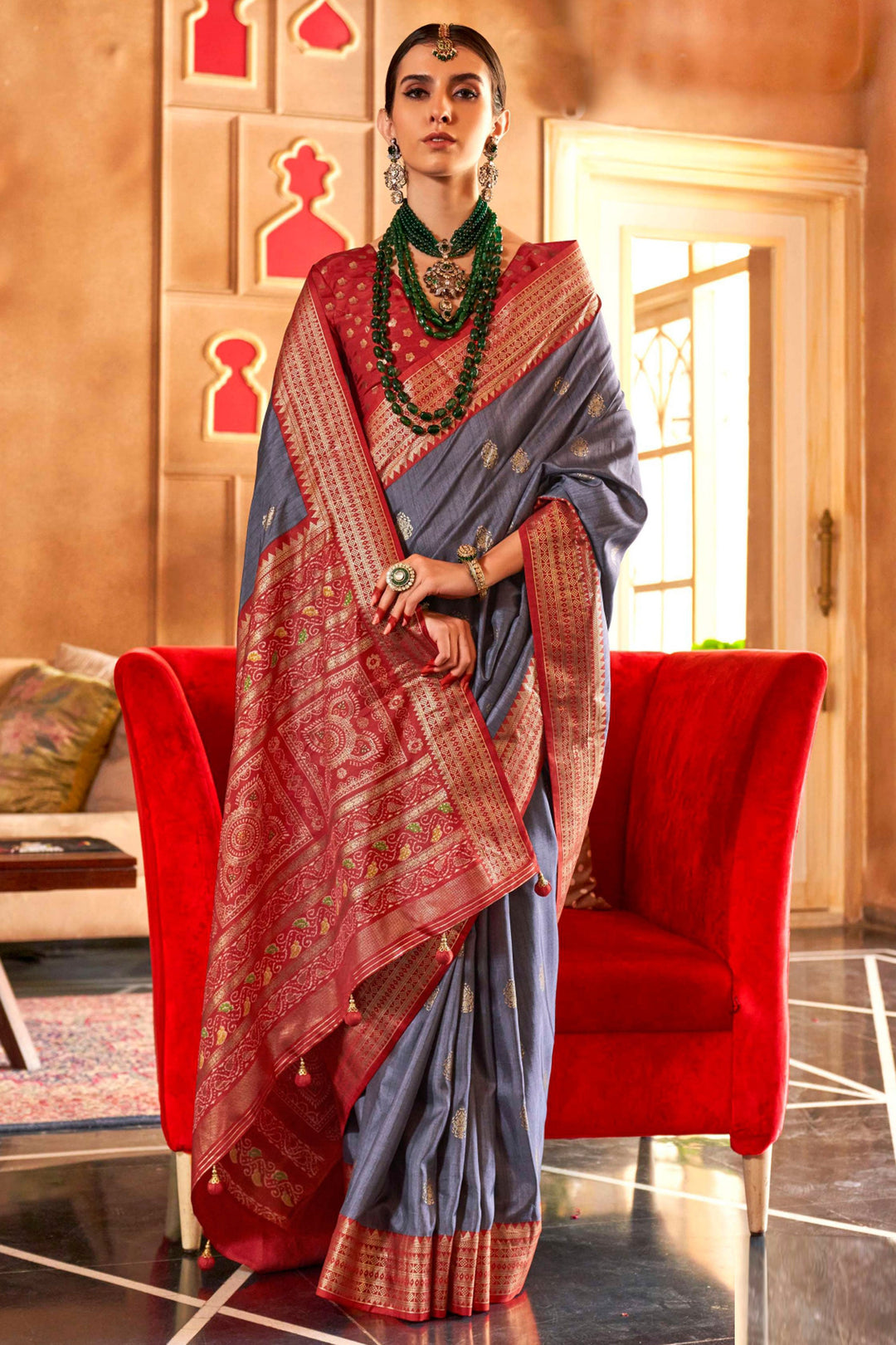Grey Color Art Silk Fabric Engaging Patola Printed Saree | Buy Online India