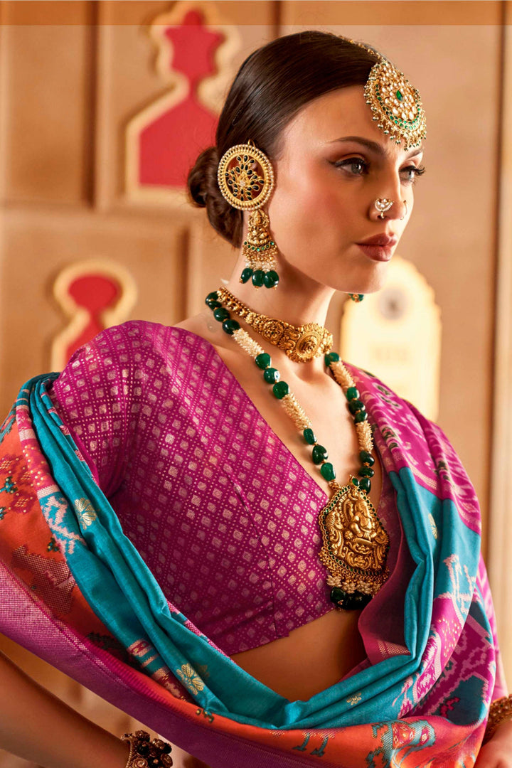 Excellent Art Silk Fabric Cyan Color Patola Printed Saree