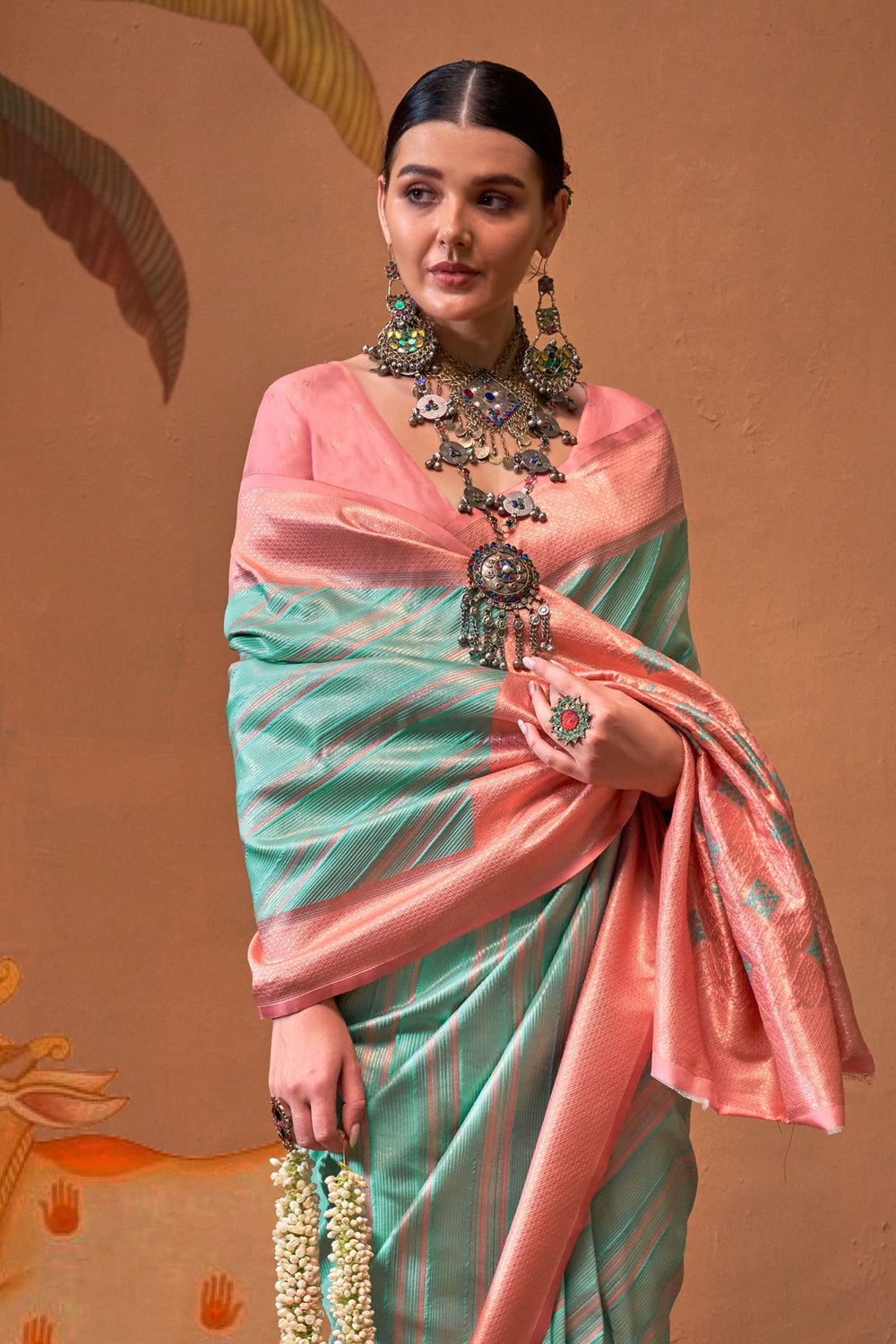Excellent Handloom Weaving Silk Fabric Cyan Color Saree | Buy Online India