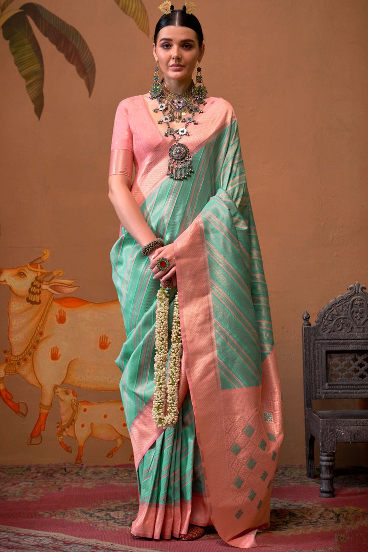 Excellent Handloom Weaving Silk Fabric Cyan Color Saree | Buy Online India