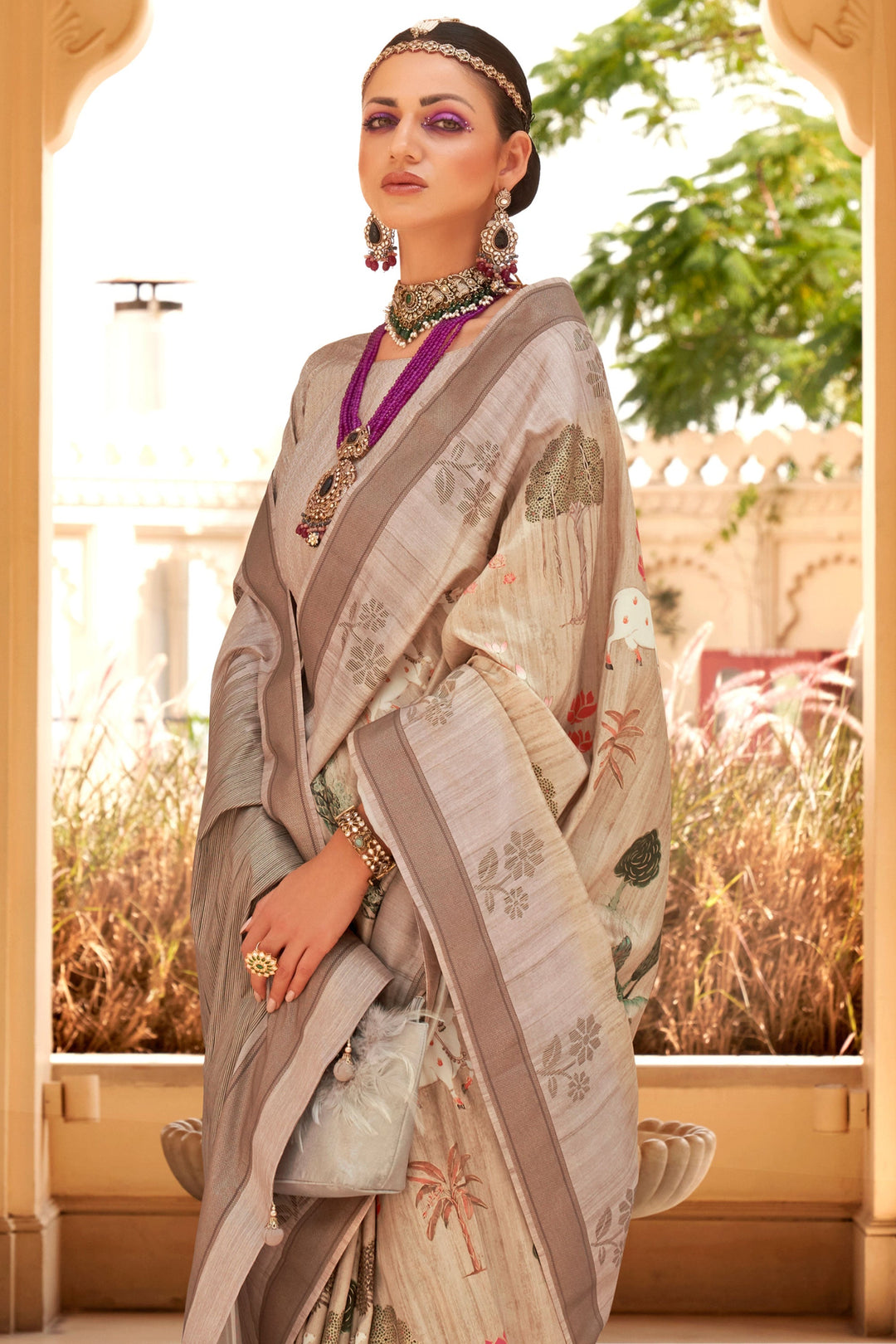 Art Silk Fabric Beige Color Excellent Digital Printed Saree