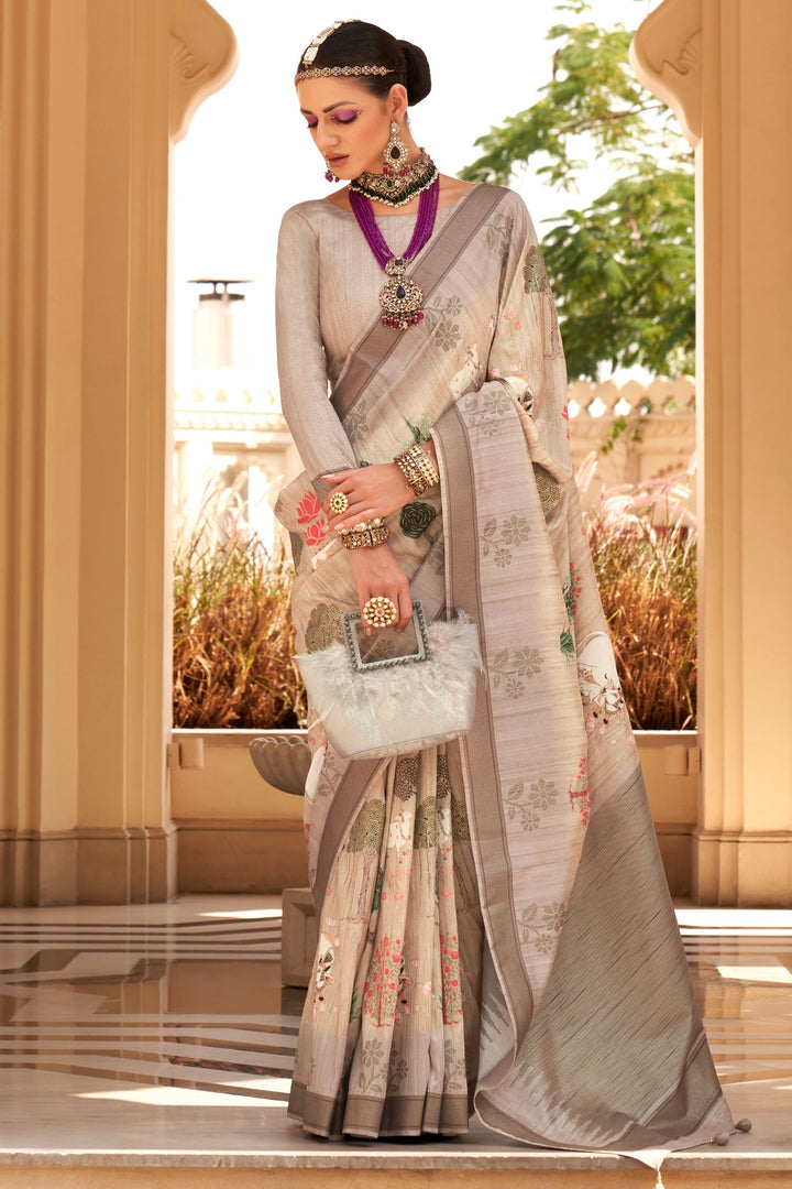 Art Silk Fabric Beige Color Excellent Digital Printed Saree