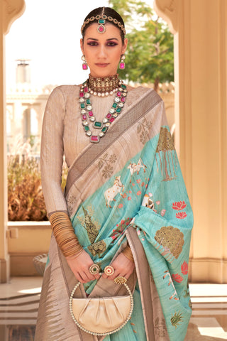 Sea Green Color Art Silk Fabric Princely Digital Printed Saree