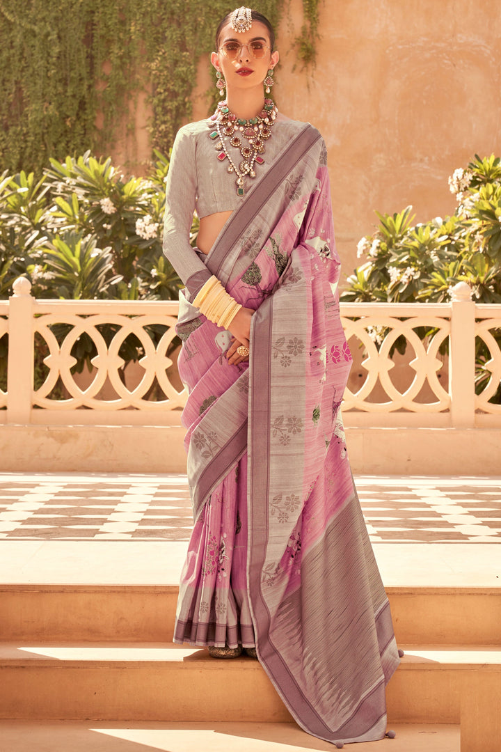 Art Silk Fabric Pink Color Patterned Digital Printed Saree