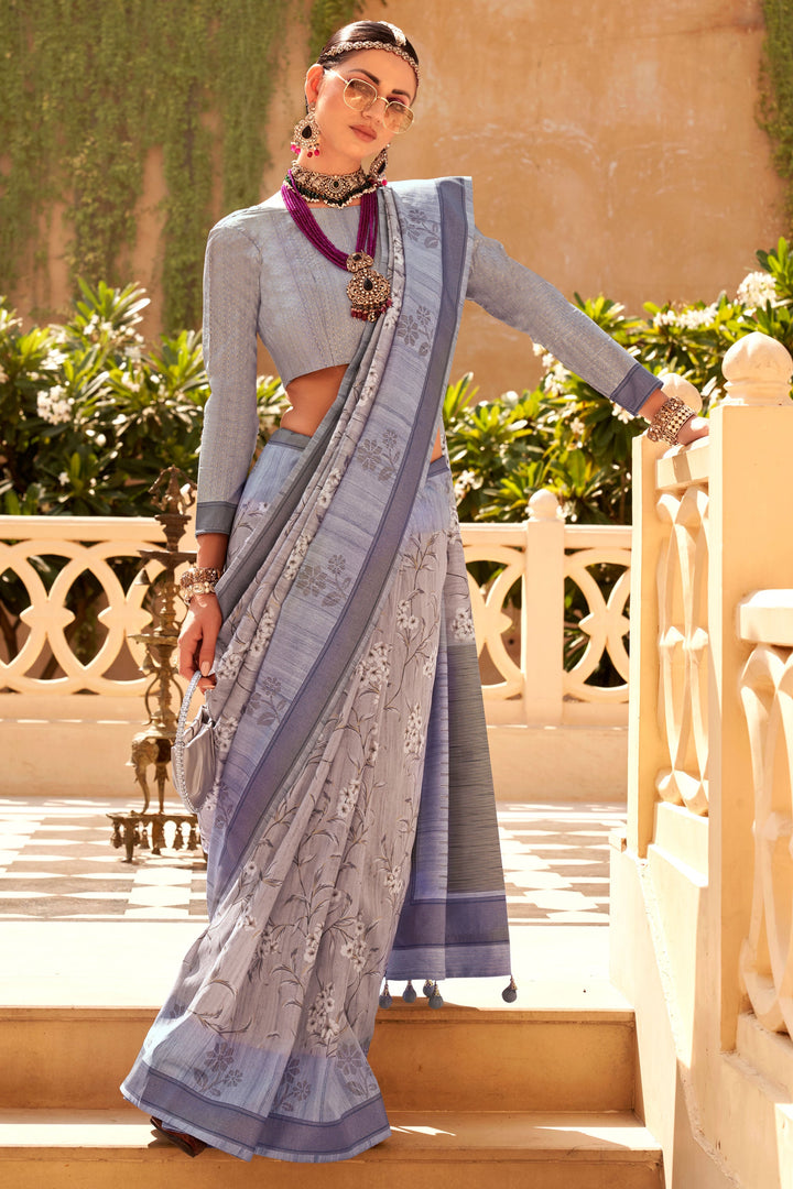 Beige Color Sober Digital Printed Saree In Art Silk Fabric