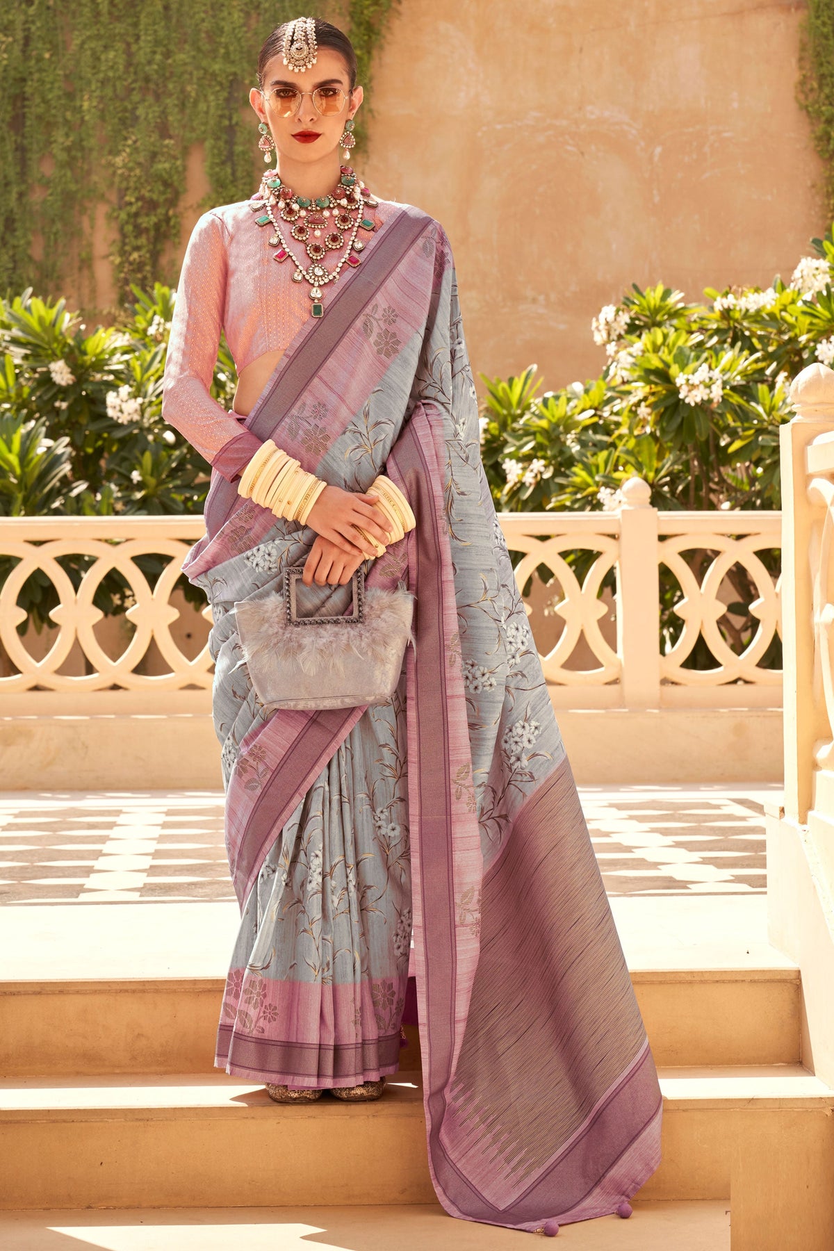 Creative Grey Color Art Silk Fabric Digital Printed Saree