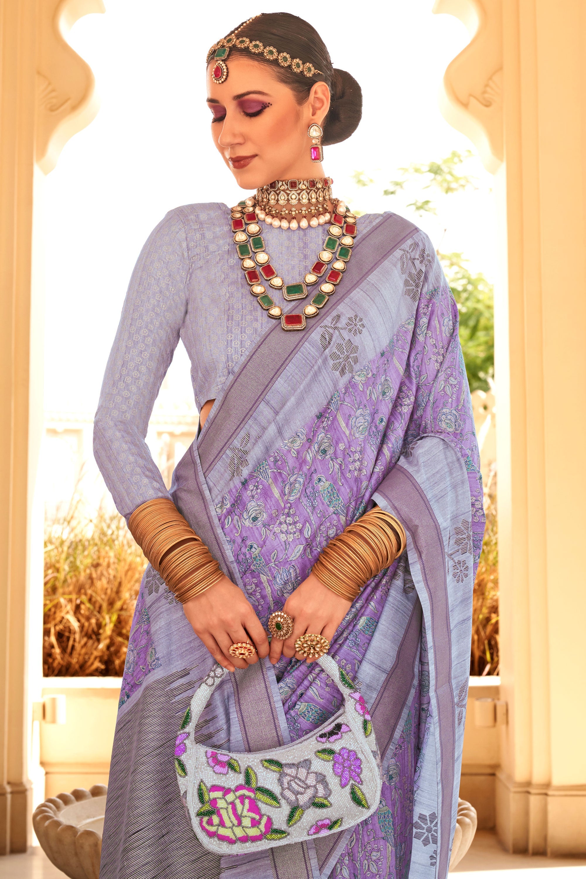 Purple Color Art Silk Fabric Coveted Digital Printed Saree