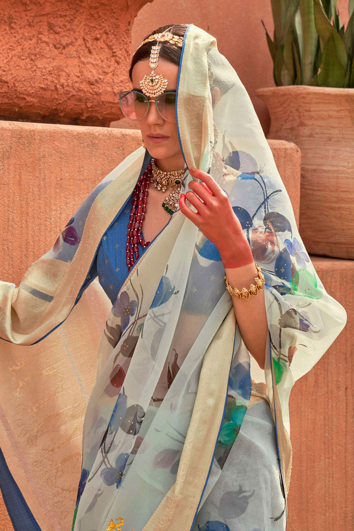 Classic Printed Work On Light Cyan Color Saree In Organza Silk Fabric