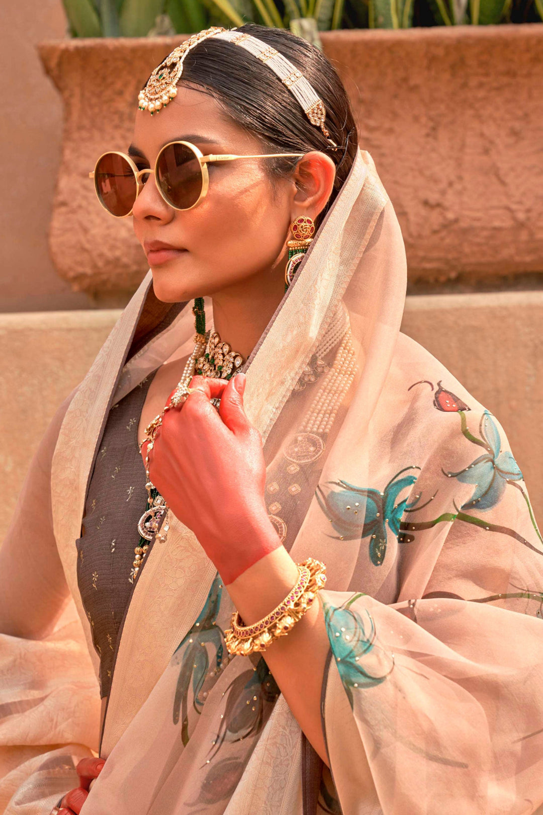 Creative Printed Work On Saree In Beige Color Organza Silk Fabric | Buy Online India