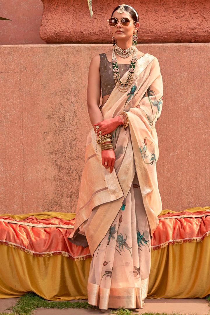 Creative Printed Work On Saree In Beige Color Organza Silk Fabric | Buy Online India