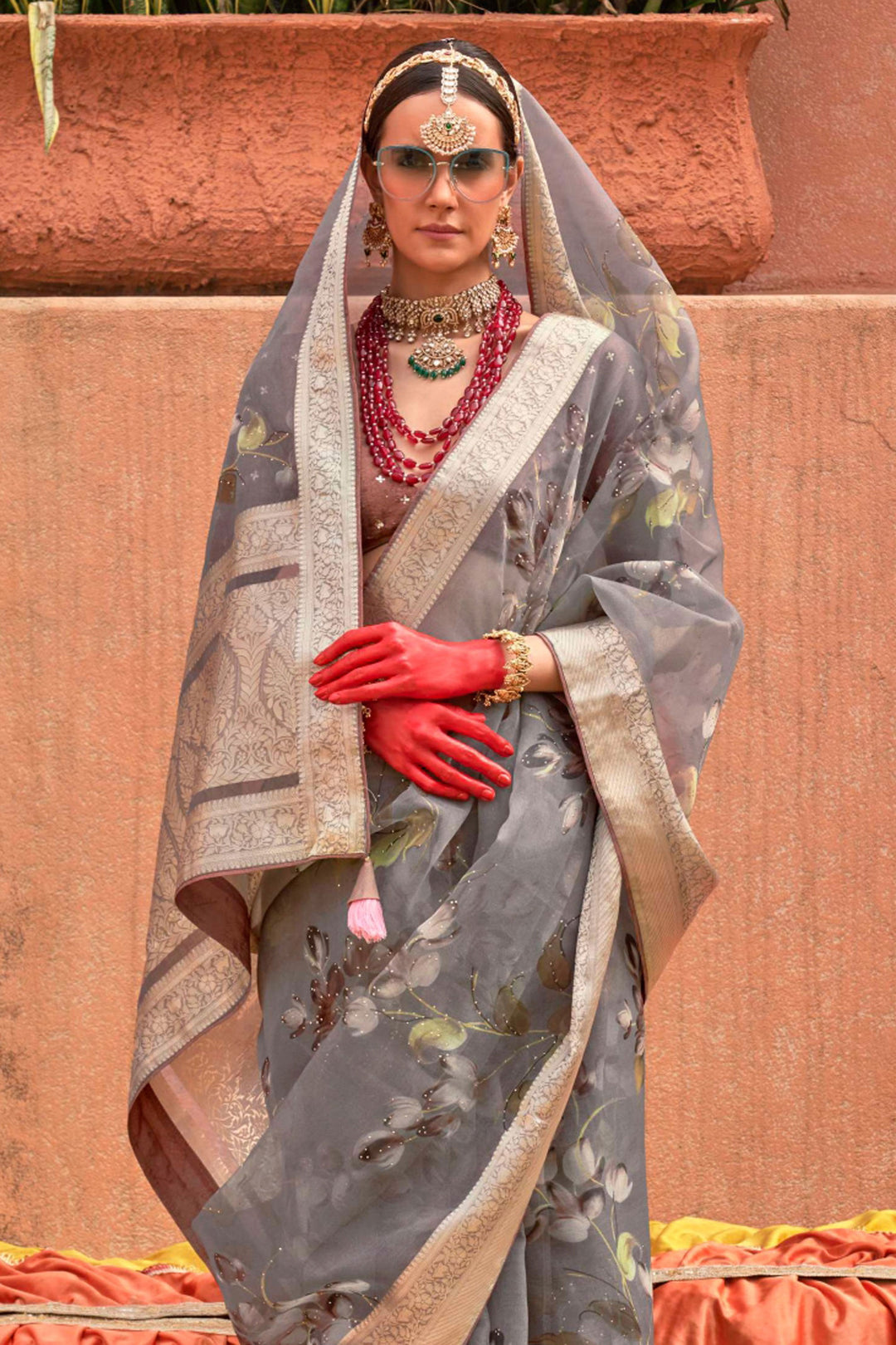 Sober Grey Color Organza Silk Fabric Saree With Printed Work | Buy Online India