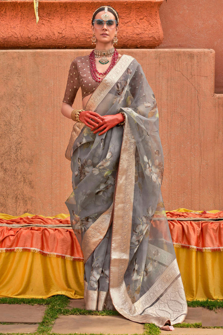 Sober Grey Color Organza Silk Fabric Saree With Printed Work | Buy Online India