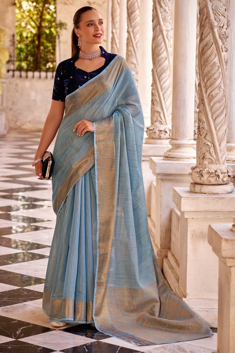 Light Cyan Color Gorgeous Fancy Linen Saree With Velvet Blouse