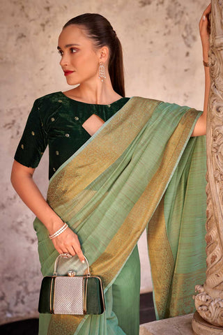 Sea Green Color Brilliant Fancy Linen Saree With Velvet Blouse