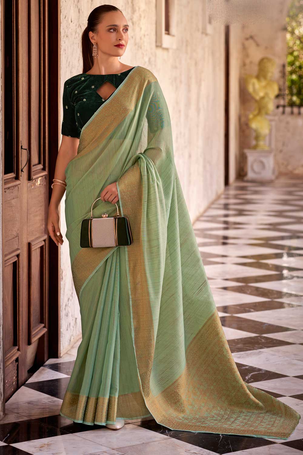 Sea Green Color Brilliant Fancy Linen Saree With Velvet Blouse