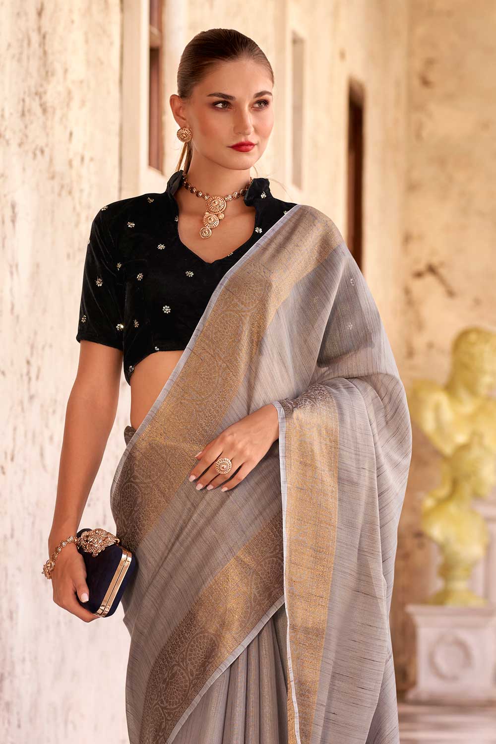 Imposing Fancy Linen Saree With Velvet Blouse In Grey Color