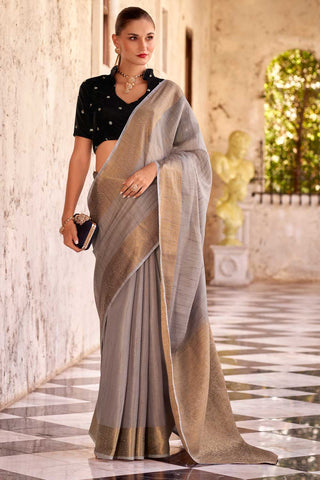 Imposing Fancy Linen Saree With Velvet Blouse In Grey Color